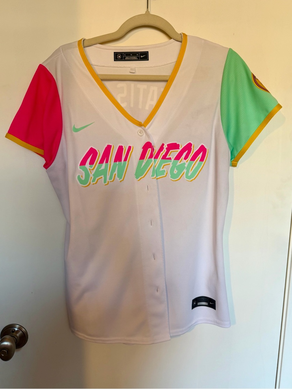 San Diego Padres Nike Women’s San Diego Graphic Jersey - White with Pink & Mint
